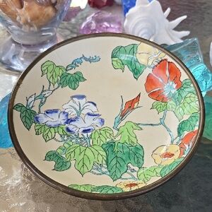 Japanese A.C.F. Floral Ceramic Bowl & Brass  with Vibrant Colors 7.5" Vintage!